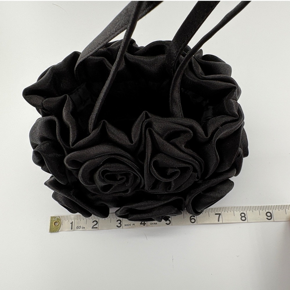 Black Satin 3D Rosette Evening Bag Mini Formal Handbag Top Handle - Picture 3 of 7